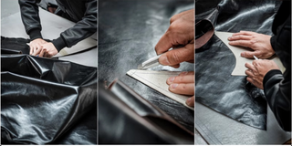Collage of hands working with leather