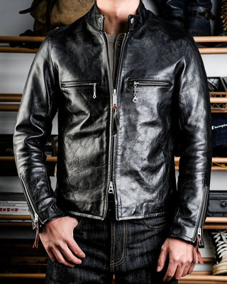 J - 100 Singe Rider Racing Jacket - Tea Core Horsehide - Brake House - Black - front/model