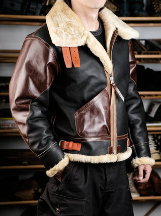 Single Pocket B - 3 Shearling Bomber Jacket - Merino Sheepskin & Horsehide - Brake House - White - 7