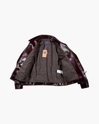 1930s Half Belt Leather Sports Jacket Burgundy - Japanese Horsehide - Brake House - Burgundy-front-open