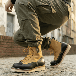 Two - tone Short - face Leather Motorcycle Boots 7303 - Brake House - Black & Beige - 13