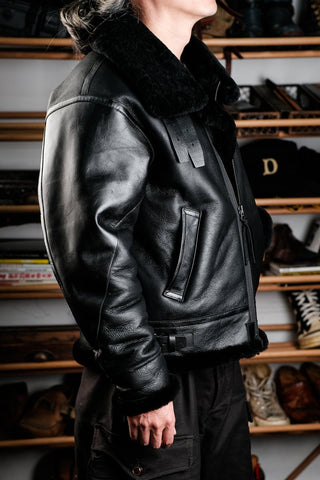 Double Pocket B - 3 Shearling Bomber Jacket - Merino Sheepskin & Horsehide - Brake House - Black - 6