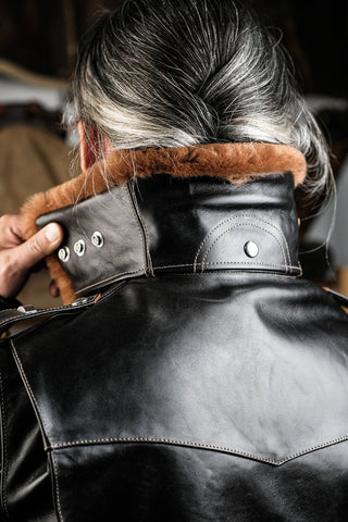 J24 Leather Jacket With Mouton Collar - Brake House - Black - 14