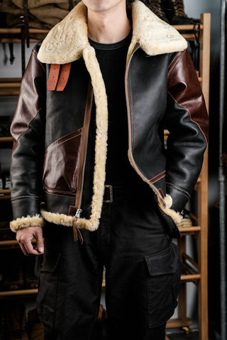Single Pocket B - 3 Shearling Bomber Jacket - Merino Sheepskin & Horsehide - Brake House - White - 5