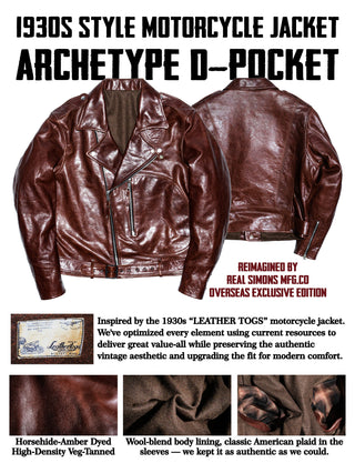 Archetype D-Pocket jacket specification sheet: amber-dyed high-density veg-tanned horsehide, wool-blend lining, American plaid sleeves