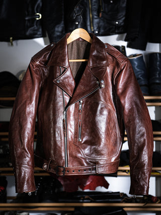 Archetype 1930s D-Pocket motorcycle jacket in amber-dyed veg-tanned horsehide, brown, front