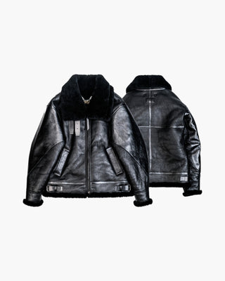Double Pocket B - 3 Shearling Bomber Jacket - Merino Sheepskin & Horsehide - Brake House - Black - 3