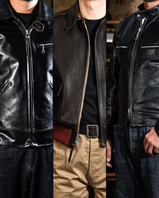 Three leather jackets in a vertical three-panel collage: the black Pasadena half belt sports jacket, the seal brown A-2 goatskin flight jacket, and the black Mojave single riders racing jacket.