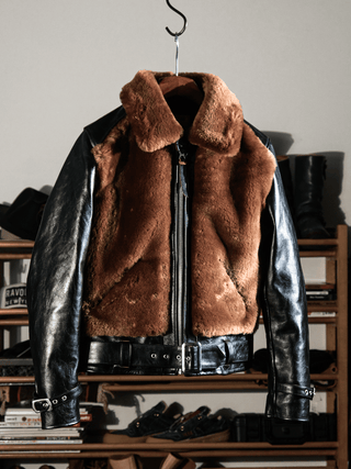 Grizzly Shearling Leather Jacket - Brown/Beige - Brake House - Brown - 10