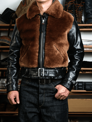 Grizzly Shearling Leather Jacket - Brown/Beige - Brake House - Brown - 4
