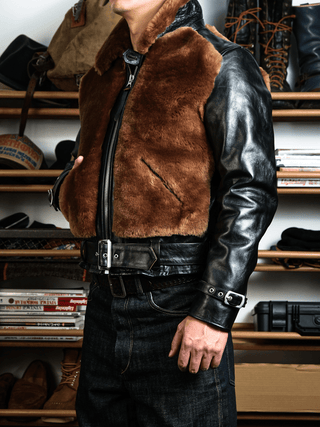 Grizzly Shearling Leather Jacket - Brown/Beige - Brake House - Brown - 6