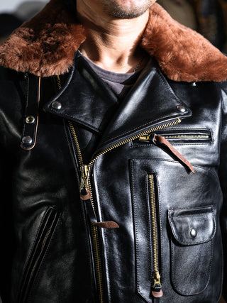 J-24 Leather Jacket With Mouton Collar-Brake House-Black-8
