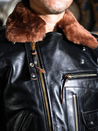 J-24 Leather Jacket With Mouton Collar-Brake House-Black-9