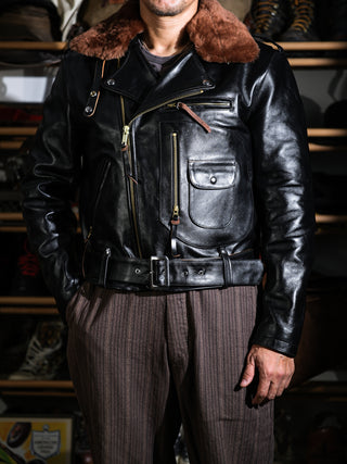 J-24 Leather Jacket With Mouton Collar-Brake House-Black-3