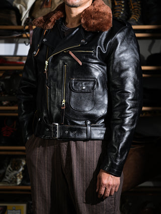 J-24 Leather Jacket With Mouton Collar-Brake House-Black-4