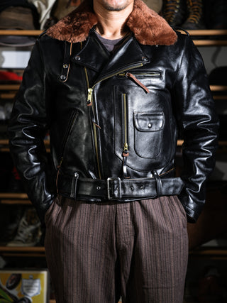 J-24 Leather Jacket With Mouton Collar-Brake House-Black-5