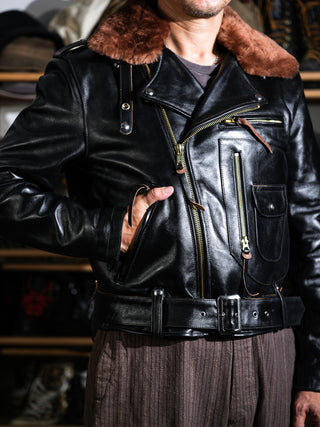 J-24 Leather Jacket With Mouton Collar-Brake House-Black-23