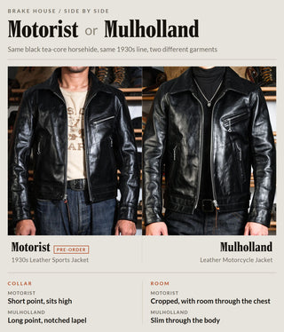Motorist 1930s Leather Sports Jacket compared side by side with the Mulholland Leather Motorcycle Jacket