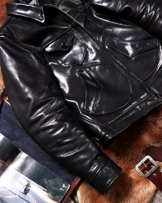 Vegetable-tanned calfskin farmer jacket black