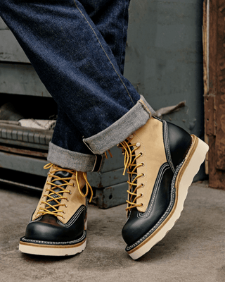 Two-tone Short-face Leather Motorcycle Boots 7302-Brake House-Black & Beige-5
